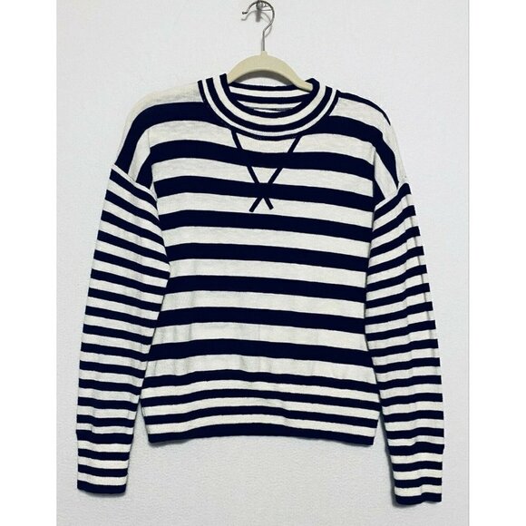 Madewell Sweater Womens Small Blue Ivory Striped Relaxed Mockneck Boho - Picture 2 of 8
